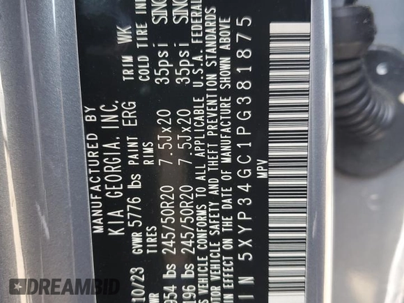 2023 Kia Telluride EX z VIN 5XYP34GC1PG381875, wystawiony jako Copart lot #53170295 z przebiegiem 38 719 mil mil oraz Szkoda całkowita • Salvage title. Historia ofert i sprzedaży dostępna na DreamBid. Obrazek 13.