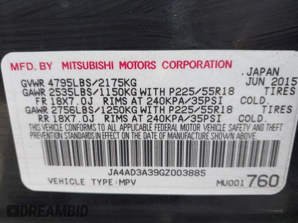 2016 Mitsubishi Outlander SE with VIN JA4AD3A39GZ003885, listed as a IAAI auction lot 41869646 with 193,320 mi miles and . Bid and sale history available at DreamBid. Image 9.