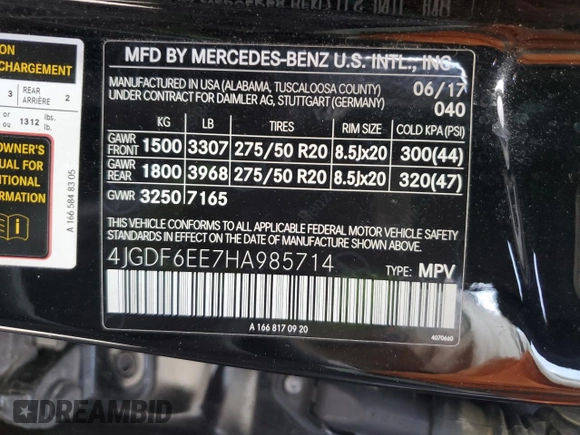 2017 Mercedes-Benz GLS 450 with VIN 4JGDF6EE7HA985714, listed as a Copart auction lot 53580884 with 87,158 mi miles and Salvage Title. Bid and sale history available at DreamBid. Image 15.