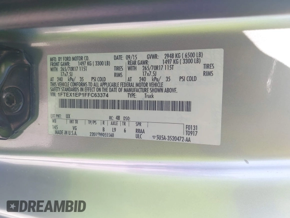 2015 Ford F-150 XLT with VIN 1FTEX1EP1FFC63374, listed as a IAAI auction lot 42651761 with 84,378 mi miles and . Bid and sale history available at DreamBid. Image 9.