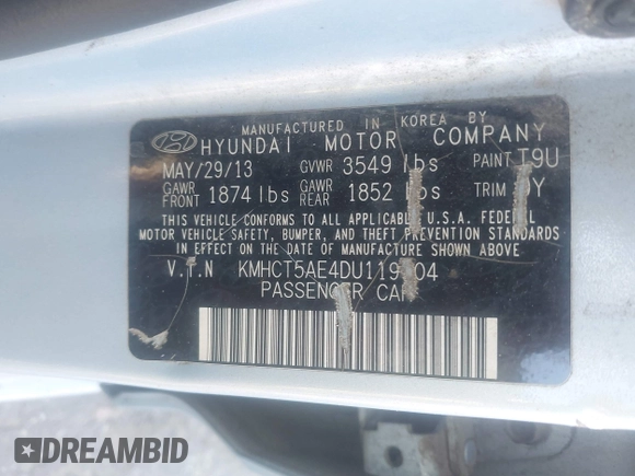 2013 Hyundai Accent GS with VIN KMHCT5AE4DU119904, listed as a IAAI auction lot 42230062 with 176,841 mi miles and . Bid and sale history available at DreamBid. Image 9.