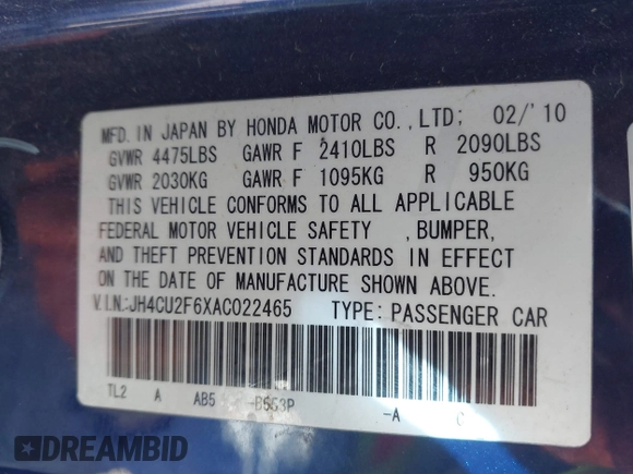 2010 Acura TSX z VIN JH4CU2F6XAC022465, wystawiony jako IAAI lot #41707429 z przebiegiem 154 663 mil mil oraz . Historia ofert i sprzedaży dostępna na DreamBid. Obrazek 9.