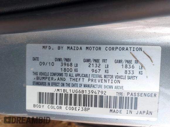 2011 Mazda 3 i Sport with VIN JM1BL1UG6B1394792, listed as a IAAI auction lot 42194629 with 163,356 mi miles and . Bid and sale history available at DreamBid. Image 9.