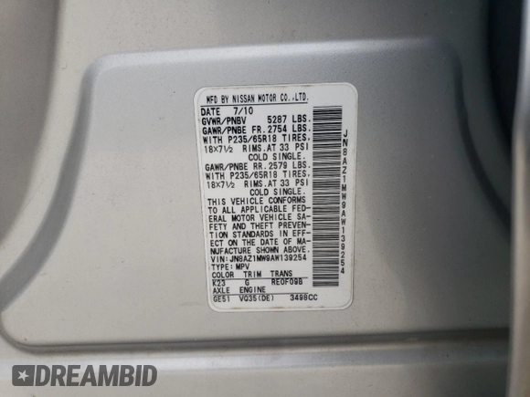 2010 Nissan Murano SL with VIN JN8AZ1MW9AW139254, listed as a Copart auction lot 54681055 with 193,041 mi miles and Clean Title. Bid and sale history available at carsss.com. Image 13.