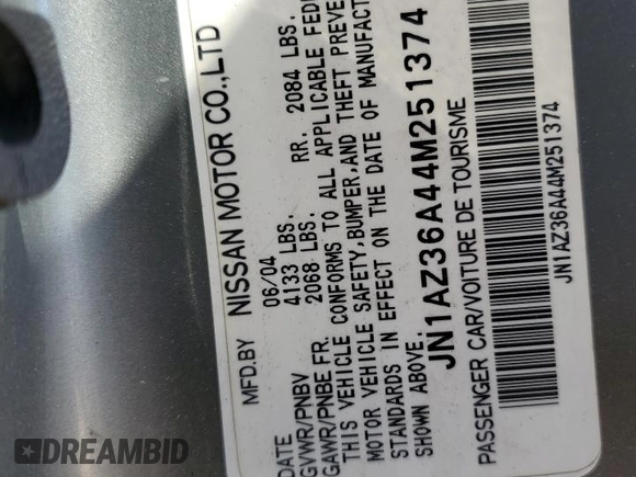 2004 Nissan 350Z Touring with VIN JN1AZ36A44M251374, listed as a Copart auction lot 53182045 with 100,255 mi miles and Salvage Title. Bid and sale history available at DreamBid. Image 14.