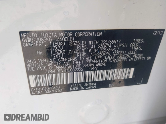2013 Toyota RAV4 XLE with VIN JTMRFREV8DD002222, listed as a IAAI auction lot 42342446 with 68,525 mi miles and . Bid and sale history available at DreamBid. Image 9.