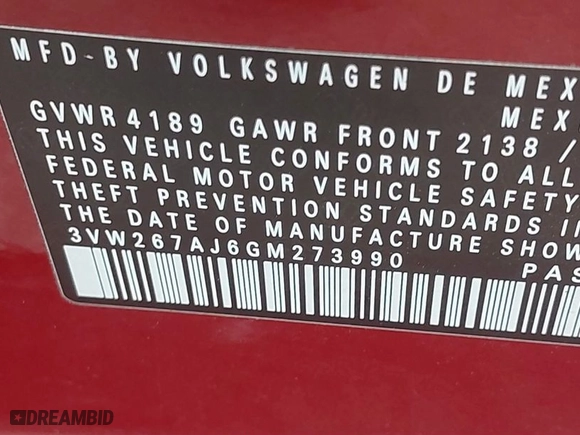 2016 Volkswagen Jetta Sedan 1.4T S with VIN 3VW267AJ6GM273990, listed as a IAAI auction lot 41492024 with 61,689 mi miles. Bid and sale history available at carsss.com. Image 9.