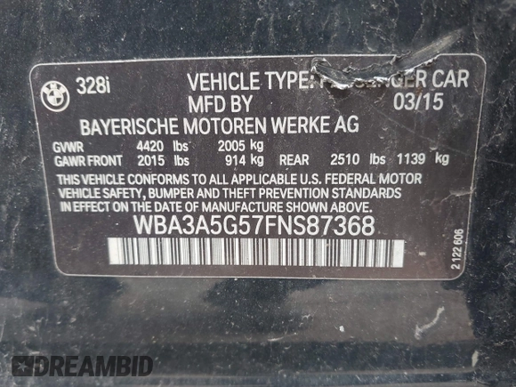 2015 BMW 3 Series 328i with VIN WBA3A5G57FNS87368, listed as a IAAI auction lot 42132939 with 115,289 mi miles. Bid and sale history available at carsss.com. Image 9.