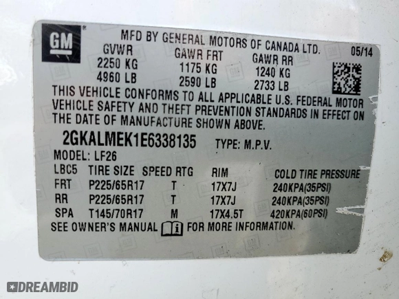 2014 GMC Terrain SLE with VIN 2GKALMEK1E6338135, listed as a Copart auction lot 53539545 with 158,218 mi miles and Salvage Title. Bid and sale history available at carsss.com. Image 14.