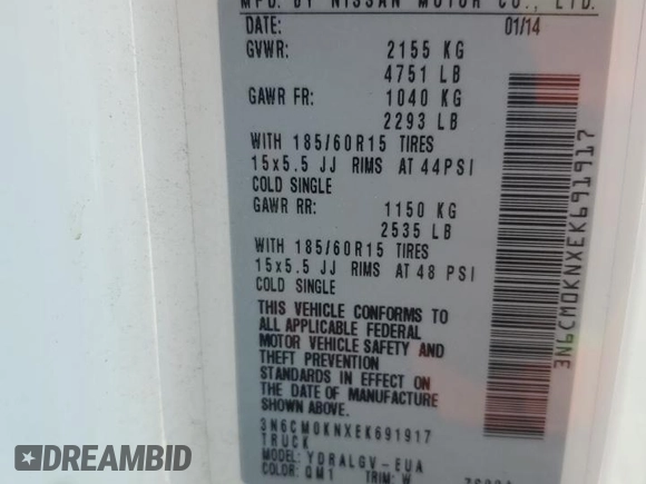 2014 Nissan NV200 SV with VIN 3N6CM0KNXEK691917, listed as a Copart auction lot 65524785 with 150,971 mi miles and Salvage title. Bid and sale history available at DreamBid. Image 13.