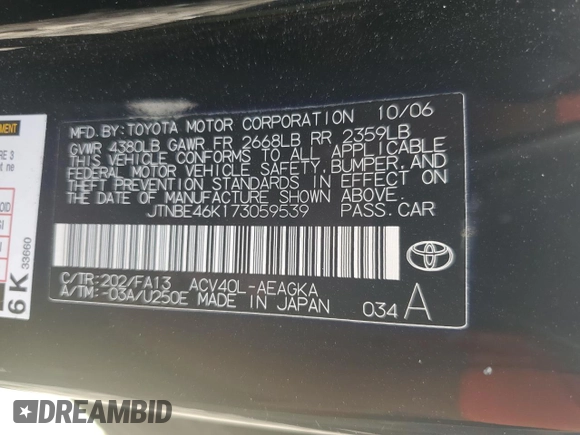 2007 Toyota Camry CE with VIN JTNBE46K173059539, listed as a Copart auction lot 48321025 with 135,688 mi miles and Salvage Title. Bid and sale history available at carsss.com. Image 12.