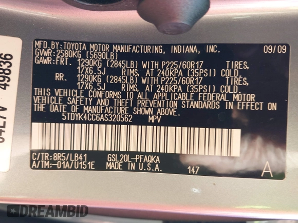 2010 Toyota Sienna XLE with VIN 5TDYK4CC6AS320562, listed as a IAAI auction lot 41005929 with 105,082 mi miles and . Bid and sale history available at DreamBid. Image 9.