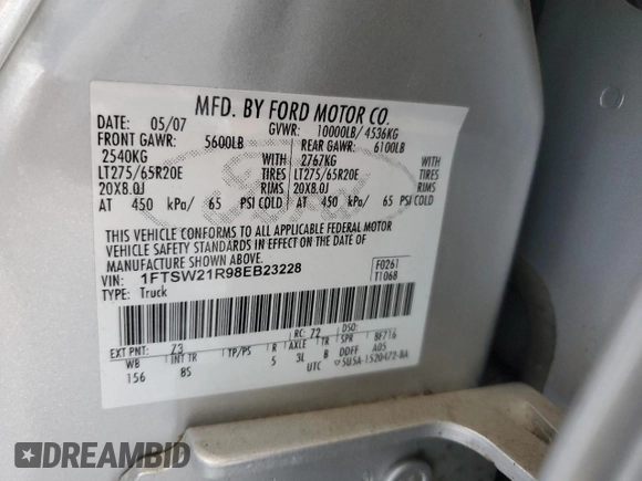 2008 Ford F-250 XL with VIN 1FTSW21R98EB23228, listed as a Copart auction lot 65044915 with 159,587 mi miles and Clean title. Bid and sale history available at DreamBid. Image 12.