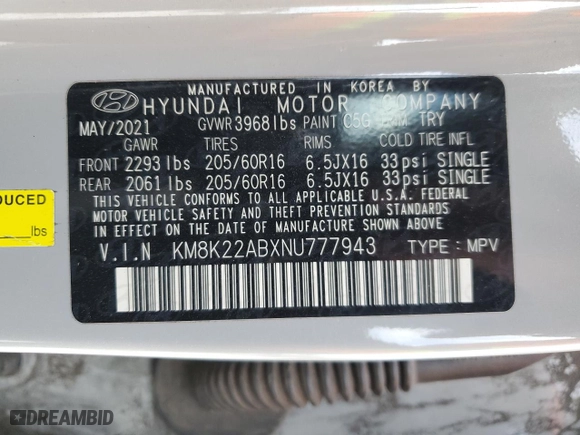 2022 Hyundai Kona SE with VIN KM8K22ABXNU777943, listed as a Copart auction lot 42723445 with 39,143 mi miles and Non Repairable. Bid and sale history available at carsss.com. Image 12.