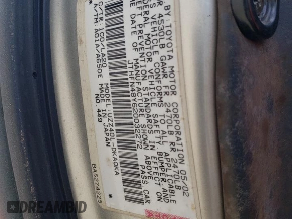 2002 Lexus SC 430 z VIN JTHFN48Y620032272, wystawiony jako Copart lot #69202284 z przebiegiem Nie podano mil oraz Tytuł czysty. Historia ofert i sprzedaży dostępna na DreamBid. Obrazek 12.