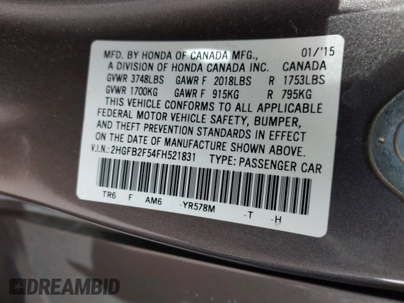 2015 Honda Civic LX with VIN 2HGFB2F54FH521831, listed as a IAAI auction lot 41378803 with 46,226 mi miles and . Bid and sale history available at DreamBid. Image 9.