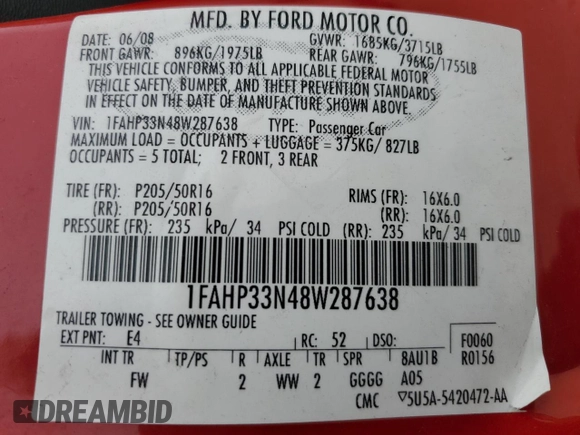 2008 Ford Focus SE with VIN 1FAHP33N48W287638, listed as a Copart auction lot 45018935 with 134,741 mi miles and Salvage Title. Bid and sale history available at carsss.com. Image 13.