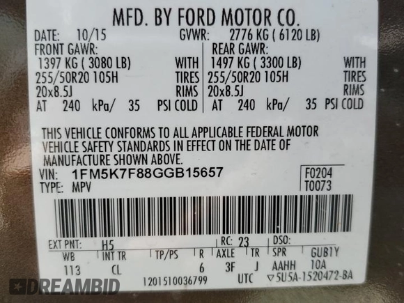 2016 Ford Explorer Limited with VIN 1FM5K7F88GGB15657, listed as a Copart auction lot 52747395 with 164,096 mi miles and Salvage Title. Bid and sale history available at DreamBid. Image 13.