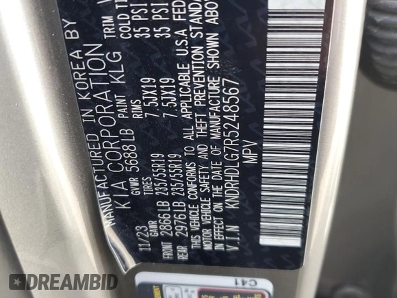 2024 Kia Sorento EX with VIN KNDRHDLG7R5248567, listed as a Copart auction lot 68286974 with 3,020 mi miles and Salvage title. Bid and sale history available at DreamBid. Image 13.