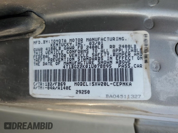 2001 Toyota Camry CE with VIN 4T1BG22K01U078895, listed as a Copart auction lot 88542735 with 225,579 mi miles and Clean Title. Bid and sale history available at carsss.com. Image 12.