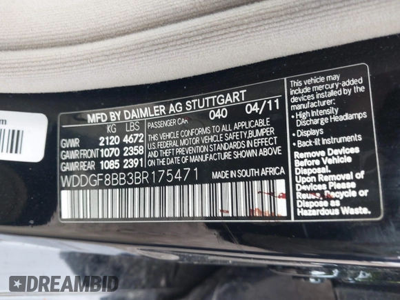 2011 Mercedes-Benz C 300 Sport with VIN WDDGF8BB3BR175471, listed as a IAAI auction lot 41930486 with 98,549 mi miles and . Bid and sale history available at carsss.com. Image 9.