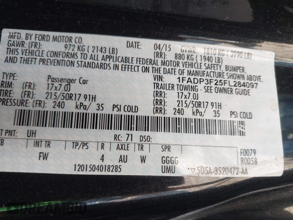 2015 Ford Focus SE z VIN 1FADP3F25FL284097, wystawiony jako IAAI lot #42553323 z przebiegiem 139 647 mil mil oraz . Historia ofert i sprzedaży dostępna na DreamBid. Obrazek 9.