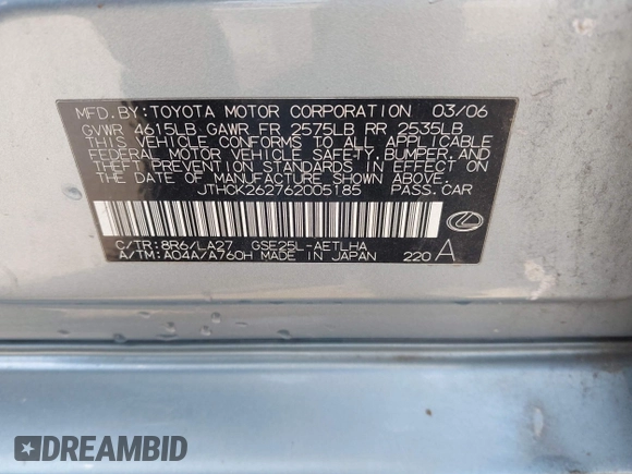 2006 Lexus IS 250 with VIN JTHCK262762005185, listed as a IAAI auction lot 42260912 with 131,653 mi miles and . Bid and sale history available at DreamBid. Image 9.