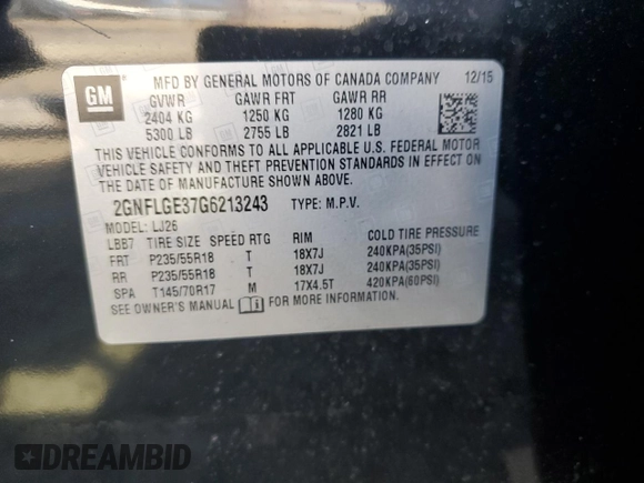 2016 Chevrolet Equinox LTZ with VIN 2GNFLGE37G6213243, listed as a Copart auction lot 48410655 with 105,200 mi miles and Salvage Title. Bid and sale history available at carsss.com. Image 13.