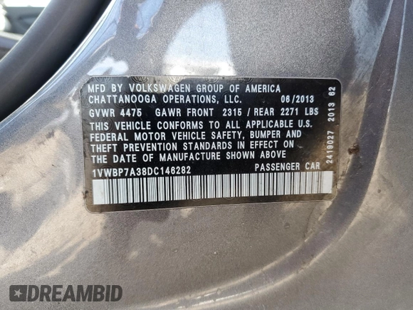 2013 Volkswagen Passat SE with VIN 1VWBP7A38DC146282, listed as a Copart auction lot 56064885 with Not provided miles and Salvage title. Bid and sale history available at DreamBid. Image 13.