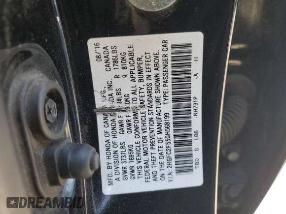 2016 Honda Civic Sedan LX with VIN 2HGFC2F55GH568199, listed as a Copart auction lot 51099745 with 153,952 mi miles and Clean Title. Bid and sale history available at carsss.com. Image 12.