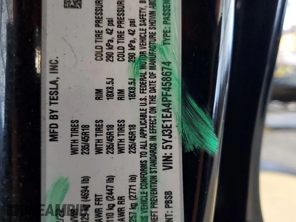 2023 Tesla Model 3 z VIN 5YJ3E1EA4PF458674, wystawiony jako Copart lot #60168815 z przebiegiem 49 007 mil mil oraz Szkoda całkowita • Salvage title. Historia ofert i sprzedaży dostępna na DreamBid. Obrazek 13.