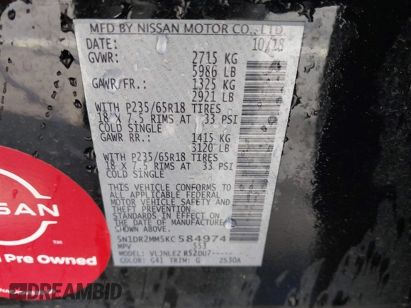 2019 Nissan Pathfinder S z VIN 5N1DR2MM5KC584974, wystawiony jako IAAI lot #41174506 z przebiegiem 76 466 mil mil oraz . Historia ofert i sprzedaży dostępna na DreamBid. Obrazek 9.