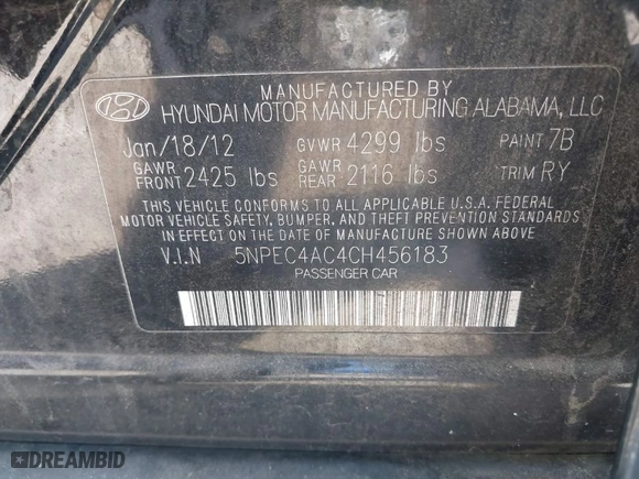 2012 Hyundai Sonata 2.4L Limited PZEV with VIN 5NPEC4AC4CH456183, listed as a IAAI auction lot 42014706 with 128,484 mi miles. Bid and sale history available at carsss.com. Image 9.