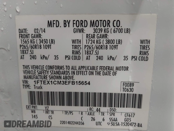 2014 Ford F-150 XL with VIN 1FTEX1CM3EFB15654, listed as a IAAI auction lot 41599447 with 148,481 mi miles and . Bid and sale history available at DreamBid. Image 9.