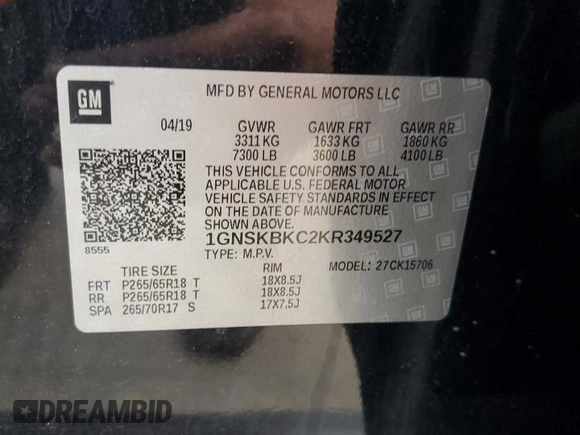 2019 Chevrolet Tahoe LT with VIN 1GNSKBKC2KR349527, listed as a Copart auction lot 58496695 with 128,590 mi miles and Salvage title. Bid and sale history available at DreamBid. Image 13.