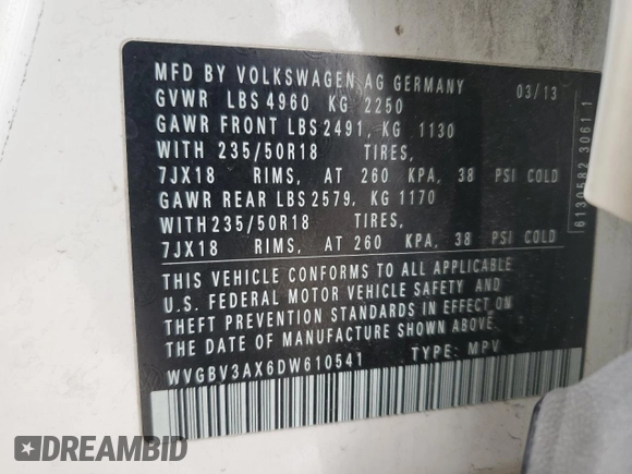 2013 Volkswagen Tiguan SEL with VIN WVGBV3AX6DW610541, listed as a Copart auction lot 49435125 with 73,952 mi miles and Salvage Title. Bid and sale history available at DreamBid. Image 12.