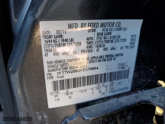 2015 Ford Super Duty F-250 SRW Lariat with VIN 1FT7W2B62FEC76864, listed as a Copart auction lot 46222905 with 123,191 mi miles and Salvage Title. Bid and sale history available at carsss.com. Image 12.