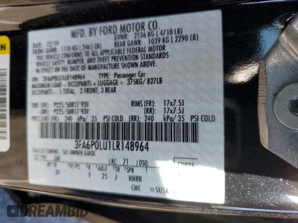 2020 Ford Fusion Hybrid SE with VIN 3FA6P0LU1LR148964, listed as a Copart auction lot 43479143 with 0 mi miles. Bid and sale history available at carsss.com. Image 14.