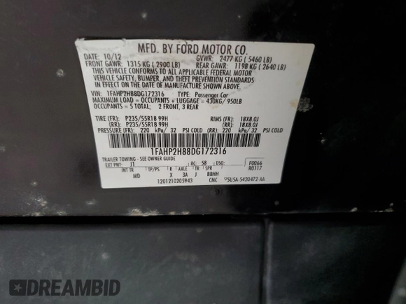 2013 Ford Taurus SEL with VIN 1FAHP2H88DG172316, listed as a Copart auction lot 54872575 with 154,926 mi miles and Salvage Title. Bid and sale history available at DreamBid. Image 12.