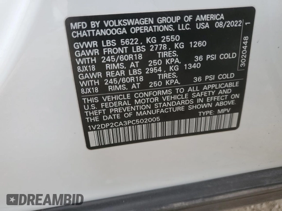 2023 Volkswagen Atlas SE с VIN 1V2DP2CA3PC502005, выставлен на аукционе Copart как лот 43870505 с пробегом 110 990 миль миль и Списание • Salvage title. История ставок и продаж доступна на DreamBid. Изображение 14.