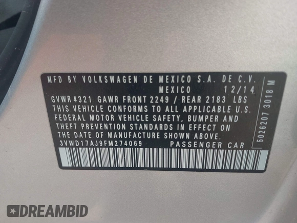 2015 Volkswagen Jetta SE with VIN 3VWD17AJ9FM274069, listed as a IAAI auction lot 42103263 with 76,984 mi miles and . Bid and sale history available at DreamBid. Image 9.