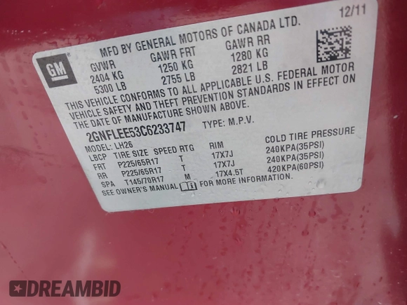 2012 Chevrolet Equinox LT w/1LT with VIN 2GNFLEE53C6233747, listed as a IAAI auction lot 41118401 with 149,508 mi miles. Bid and sale history available at carsss.com. Image 9.