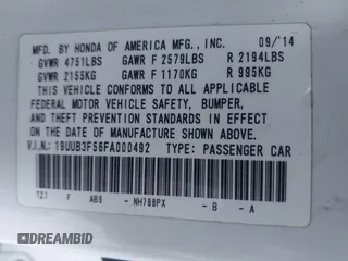2015 Acura TLX V6 Tech with VIN 19UUB3F56FA000492, listed as a IAAI auction lot 41274442 with 95,519 mi miles. Bid and sale history available at carsss.com. Image 9.