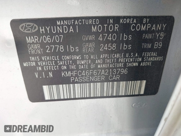 2007 Hyundai Azera SE z VIN KMHFC46F67A213796, wystawiony jako IAAI lot #42276751 z przebiegiem 139 200 mil mil oraz . Historia ofert i sprzedaży dostępna na DreamBid. Obrazek 9.