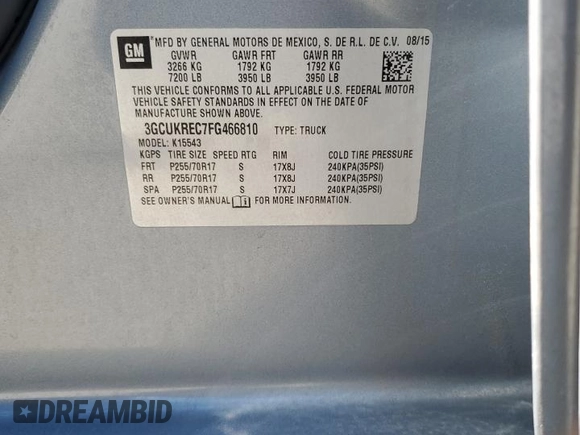 2015 Chevrolet Silverado 1500 LT with VIN 3GCUKREC7FG466810, listed as a Copart auction lot 55700145 with Not Provided miles and Salvage Title. Bid and sale history available at DreamBid. Image 12.