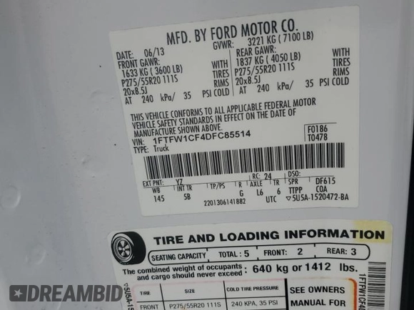 2013 Ford F-150 XL with VIN 1FTFW1CF4DFC85514, listed as a Copart auction lot 63978105 with 276,612 mi miles and Salvage title. Bid and sale history available at DreamBid. Image 12.