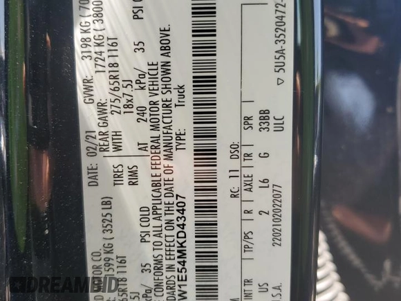 2021 Ford F-150 XL with VIN 1FTFW1E54MKD43407, listed as a Copart auction lot 59912375 with 80,087 mi miles and Salvage title. Bid and sale history available at DreamBid. Image 12.