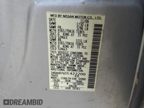 2007 Nissan Frontier Nismo with VIN 1N6AD07U27C422200, listed as a Copart auction lot 64451555 with 241,534 mi miles and Clean title. Bid and sale history available at DreamBid. Image 12.