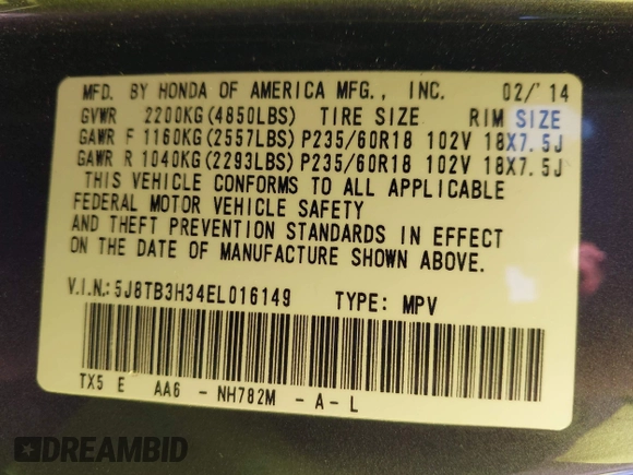 2014 Acura RDX with VIN 5J8TB3H34EL016149, listed as a IAAI auction lot 42551262 with 152,376 mi miles and . Bid and sale history available at DreamBid. Image 9.