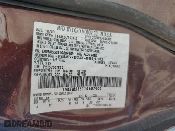2001 Mercury Sable LS Premium with VIN 1MEFM55S11G607909, listed as a Copart auction lot 78529184 with 162,012 mi miles and Salvage Title. Bid and sale history available at DreamBid. Image 12.